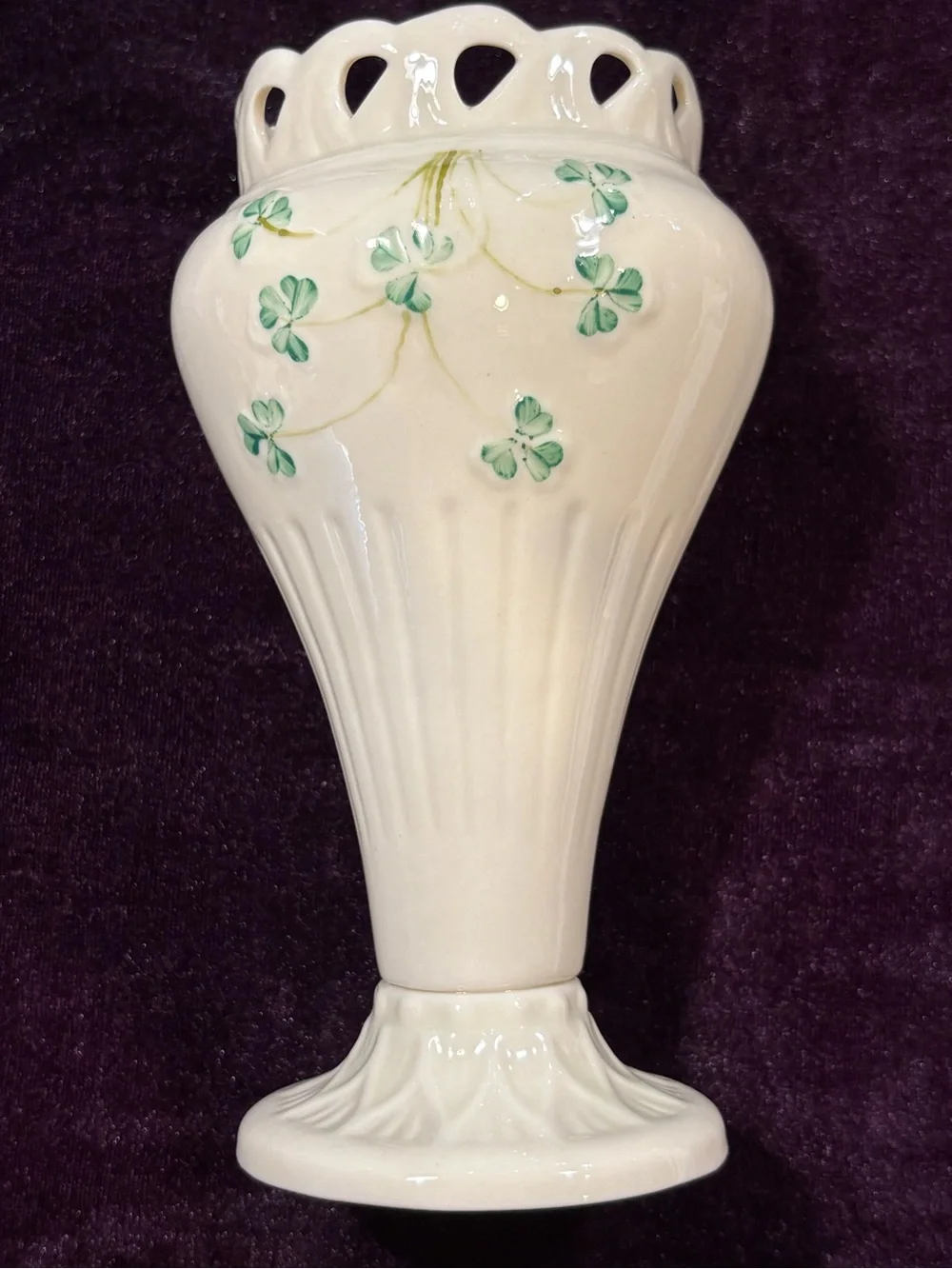 Beleek Ireland Vintage Hand-Painted Cream Green Shamrock Vase.